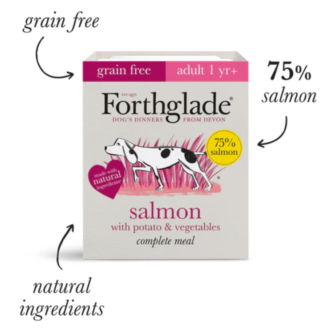 The Forthglade 75% Salmon Wet Dog Food. It is against a white background with "grain free", "75% salmon" and "natural ingredients" written around it.