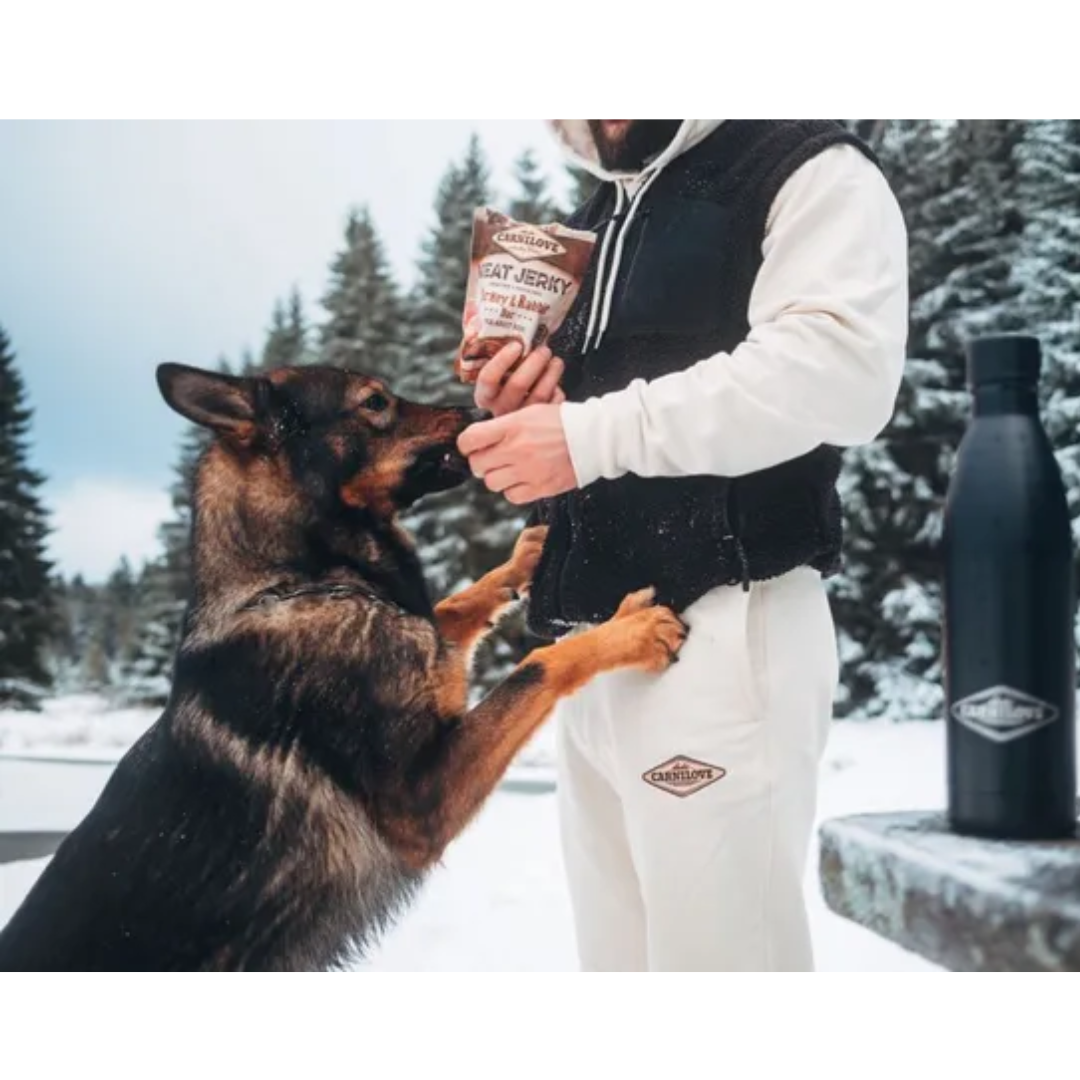  an owner feeding their dog a Carnilove Chicken with Quail jerky dog treats. They are surrounded by snow and forestry.