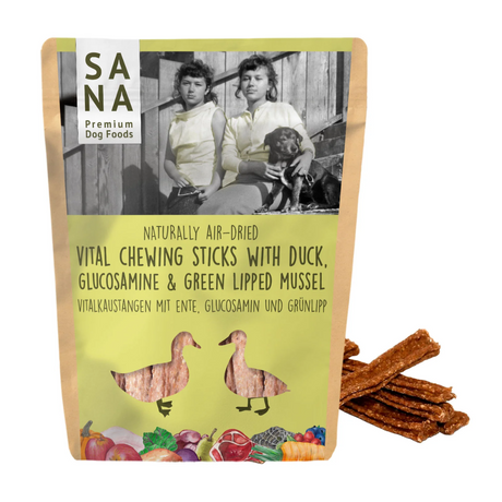 Bag of Sana Premium Dog Foods Vital Chewing Sticks with Duck, Glucosamine and Green-Lipped Mussel.