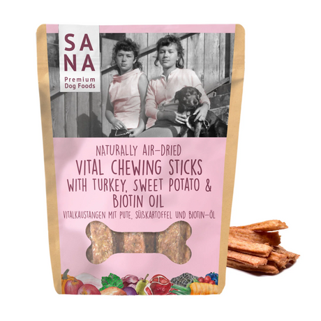 Bag of Sana Vital Chewing Sticks with the sticks in the background.