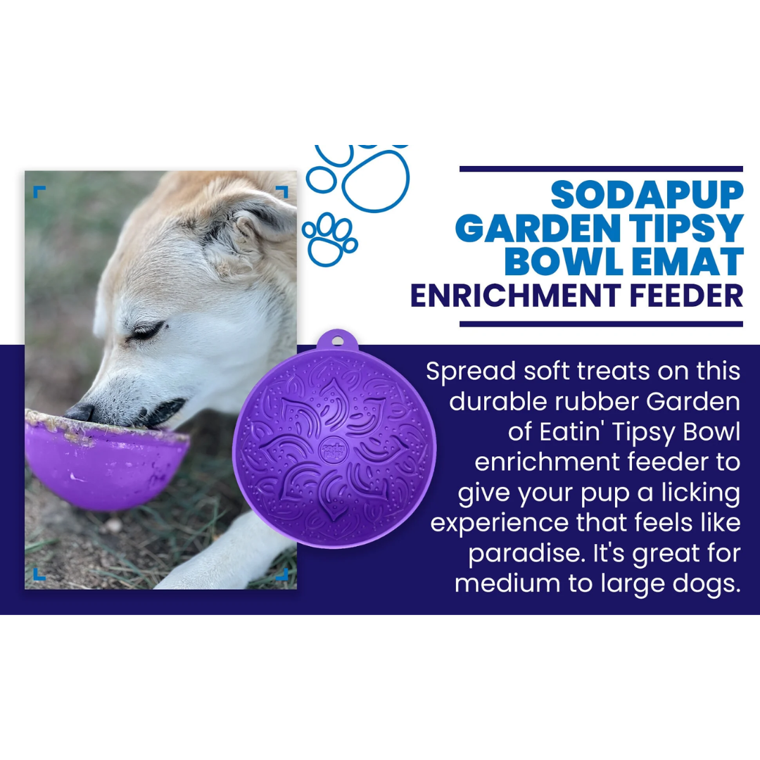 An infographic again stating the instructions of use of the SodaPup Garden of Eatin' Tipsy Bowl. There is also an image of a dog eating from said bowl.
