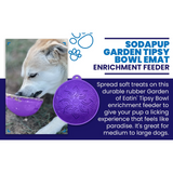 An infographic again stating the instructions of use of the SodaPup Garden of Eatin' Tipsy Bowl. There is also an image of a dog eating from said bowl.