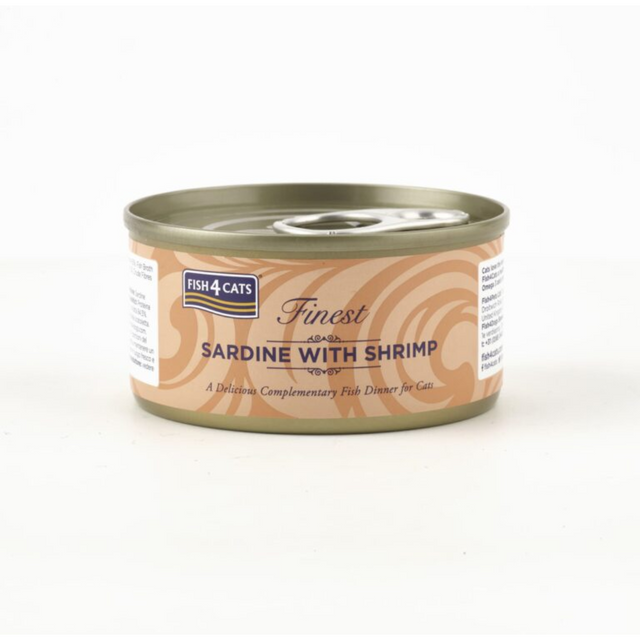 Fish 4 Cats Sardine with Shrimp 70g tin.  The tin is against a white background.