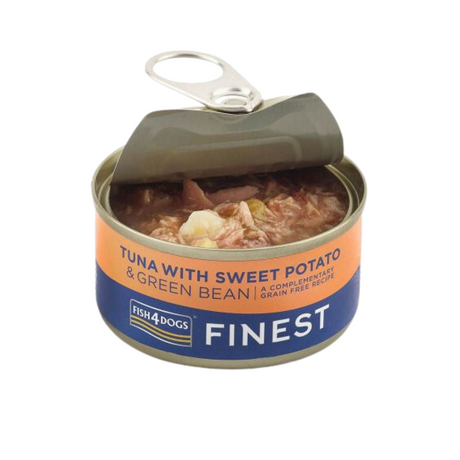 Open tin of Fish 4 Dogs Finest Tuna with Sweet Potato and Green Bean complimentary wet dog food.