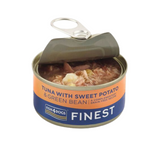 Open tin of Fish 4 Dogs Finest Tuna with Sweet Potato and Green Bean complimentary wet dog food.