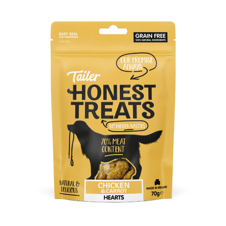 70g bag of Tailer Honest Treats chicken and carrot hearts.