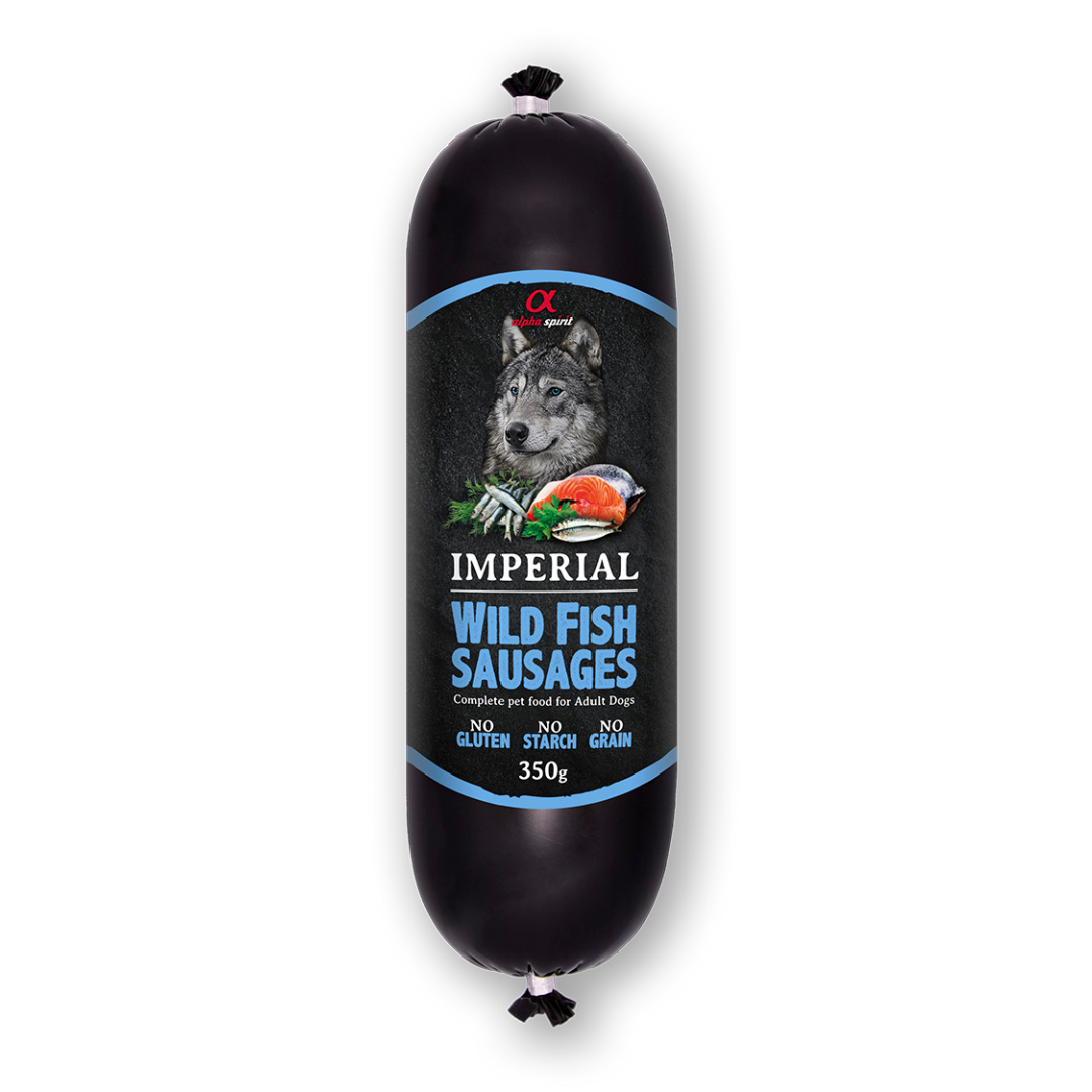 Alpha Spirit Imperial Wild Fish Sausage 300g against a white background.