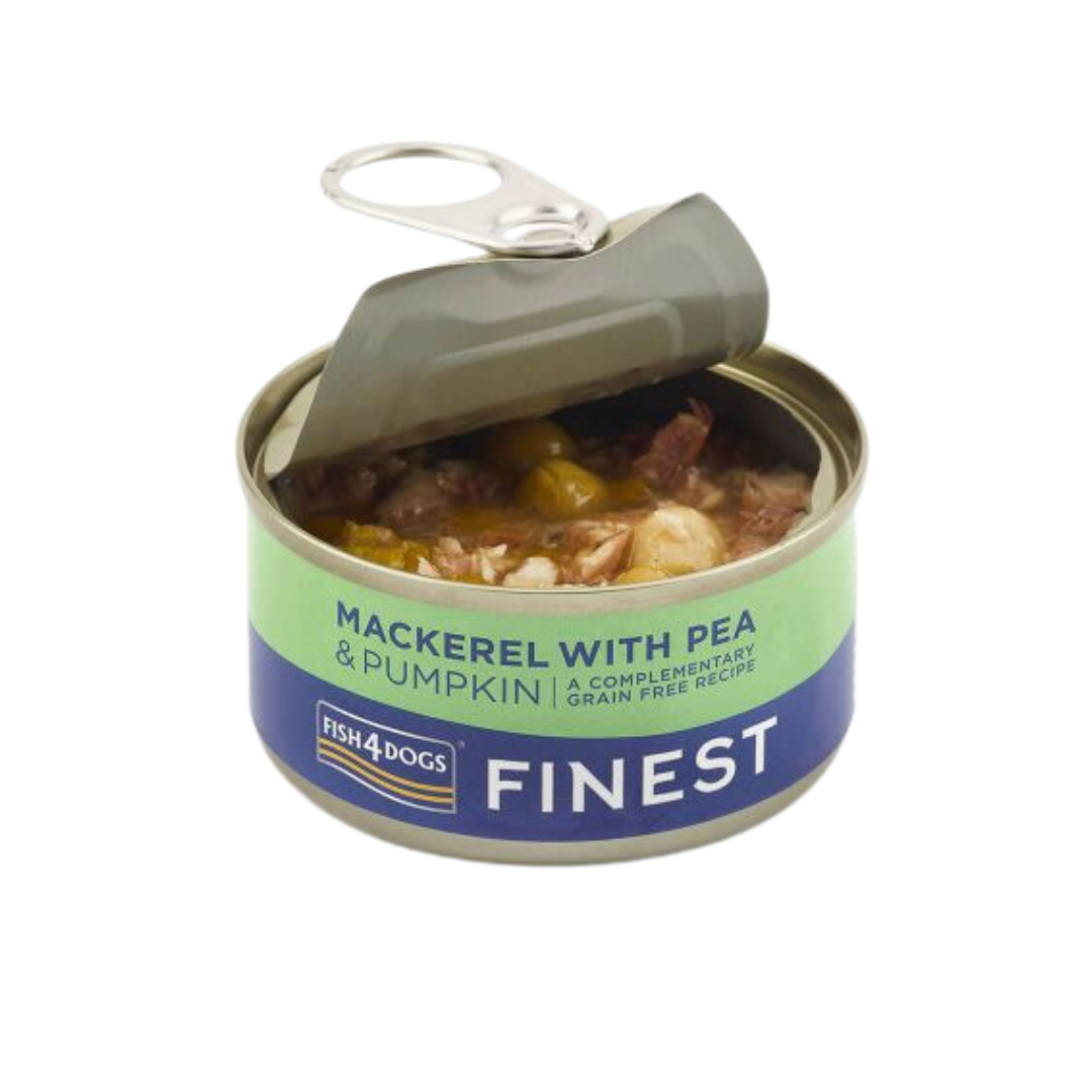 An open can of Fish 4 Dogs Finest Mackerel with Pea and Pumpkin Complimentary Wet Dog Food