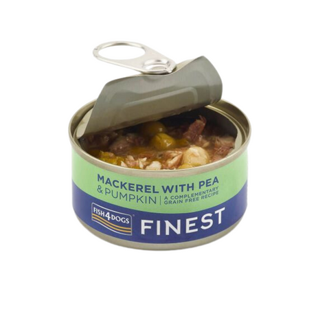 An open can of Fish 4 Dogs Finest Mackerel with Pea and Pumpkin Complimentary Wet Dog Food