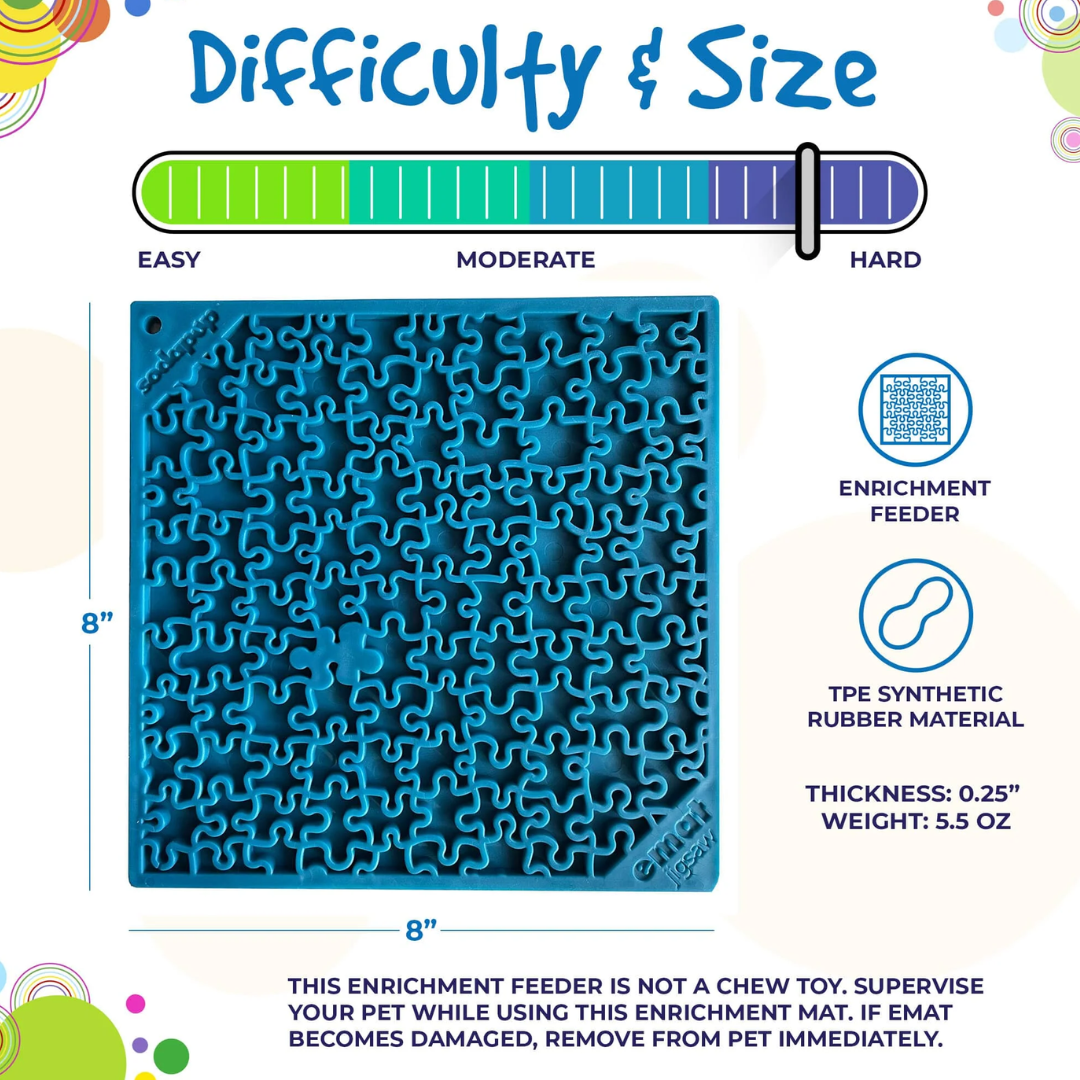 Size information and position on the durability scale by Sodapup for the Sodapup Jigsaw lickmat. 