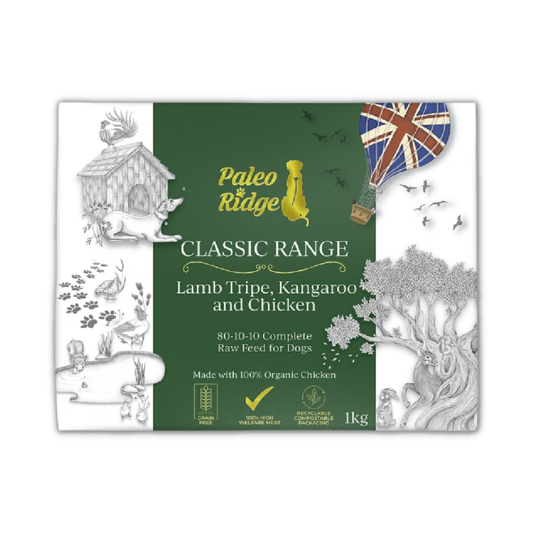 Paleo Ridge Classic Range Lamb Tripe, Kangaroo and Chicken Raw Dog Food 1kg Box