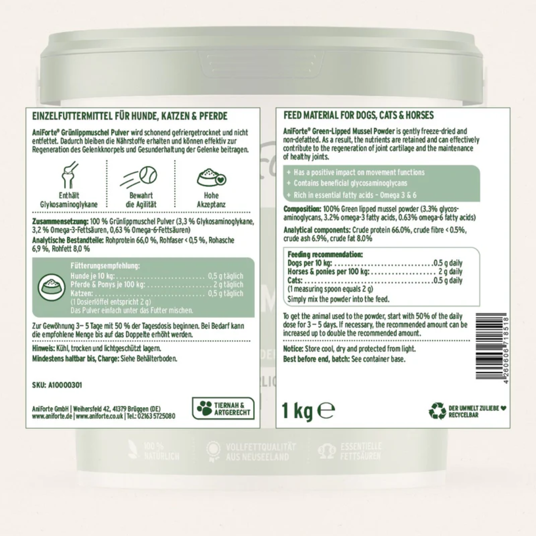 The label off of the Aniforte Green-Lipped Mussel Powder 1kg tub. Same information will be on all sizes.