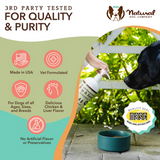 Natural Dog Company Liquid Glucosamine being fed to a dog.  Some good factors in buying from natural dog company are listed here too. like "Vet Formulated"