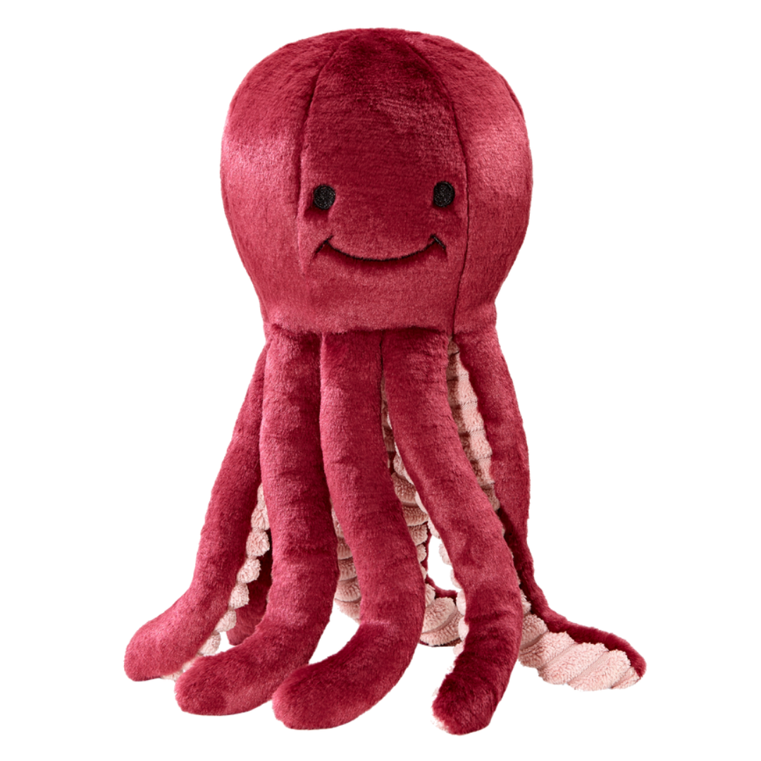 Fluff & Tuff Olympia Octopus Plush Dog Toy against a white background. Toy is a berry colour with a textured beige underside of the tentacles. 