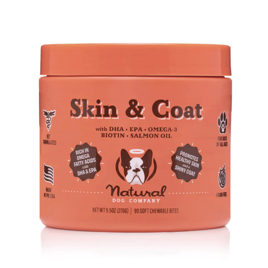 Natural Dog Company Skin and Coat Chews tub.
