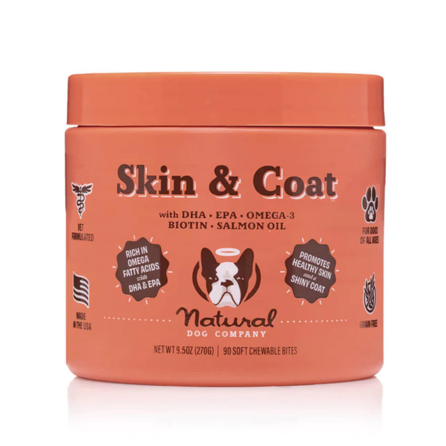 Natural Dog Company Skin and Coat Chews tub.