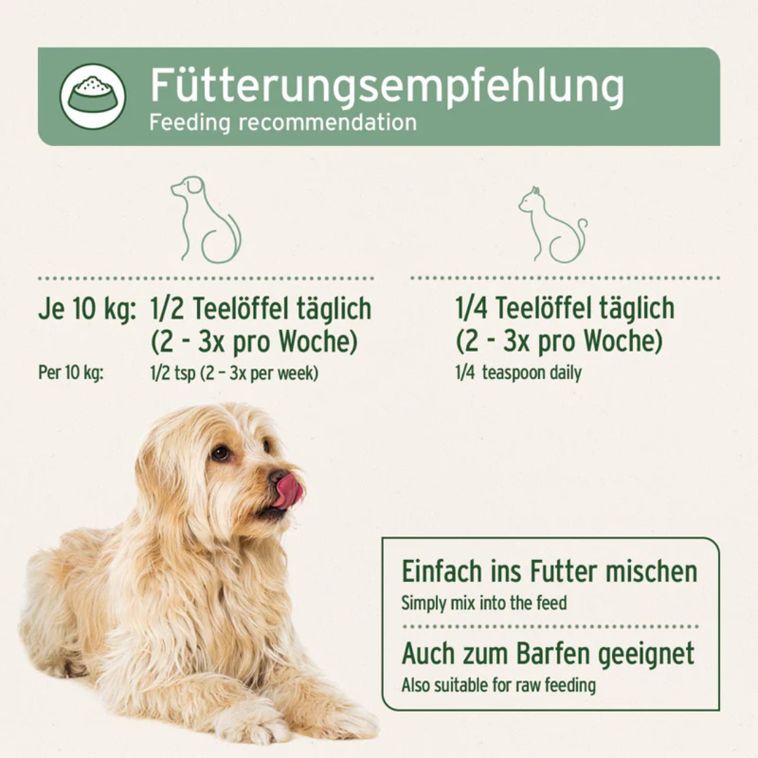 Feeding guidelines for Aniforte cod liver oil. Guidelines for dogs and cats included.