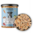 Fidelis Rabbit Menu Glass Jar beside a metal bowl filled with the wet dog food. 