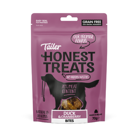 70g bag of Tailer Honest Treats Duck and Cranberry Bites.
