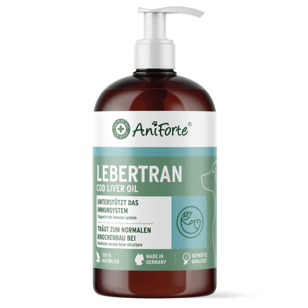 Aniforte Cod Liver Oil 500ml with a pump. Displayed against a white background.