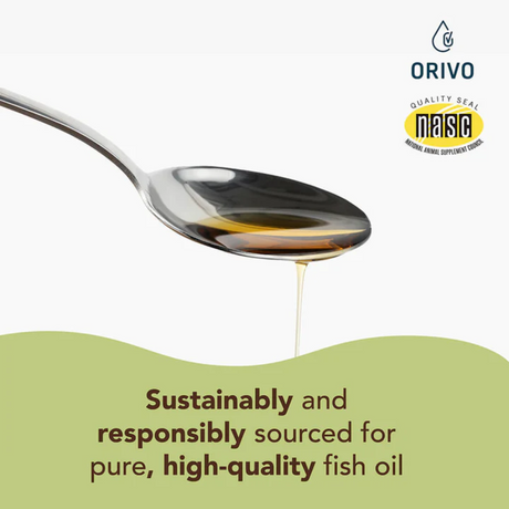 Spoon with fish oil spilling from it, above the text "Sustainably and responsibly sourced for pure, high quality fish oil".