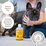 French bulldog beside a bottle of sensitive shampoo, with the text saying "Artificial fragrance free and soothing aroma from aloe vera and collodial oatmeal."