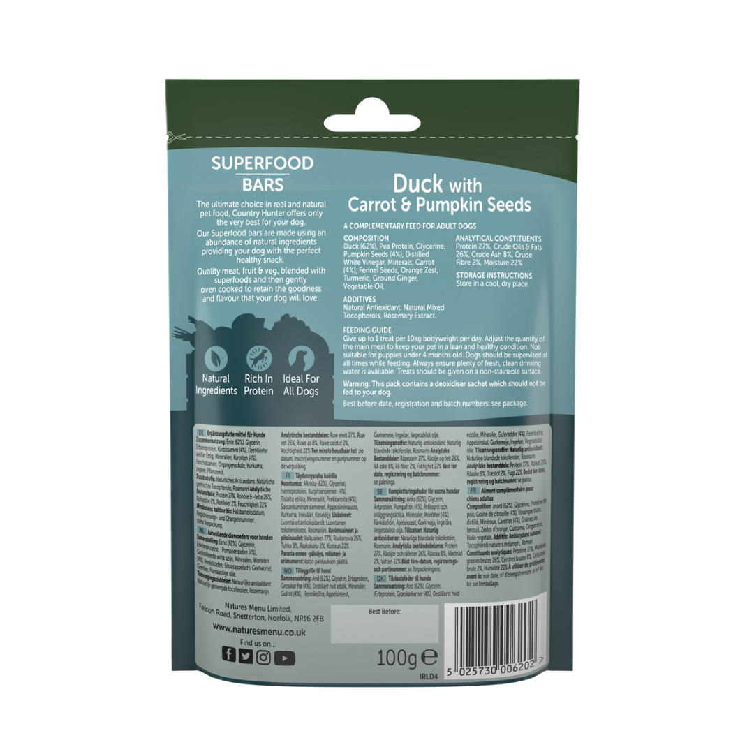 The back of the Country Hunter Duck Superfood Bars packet. All information is displayed here.