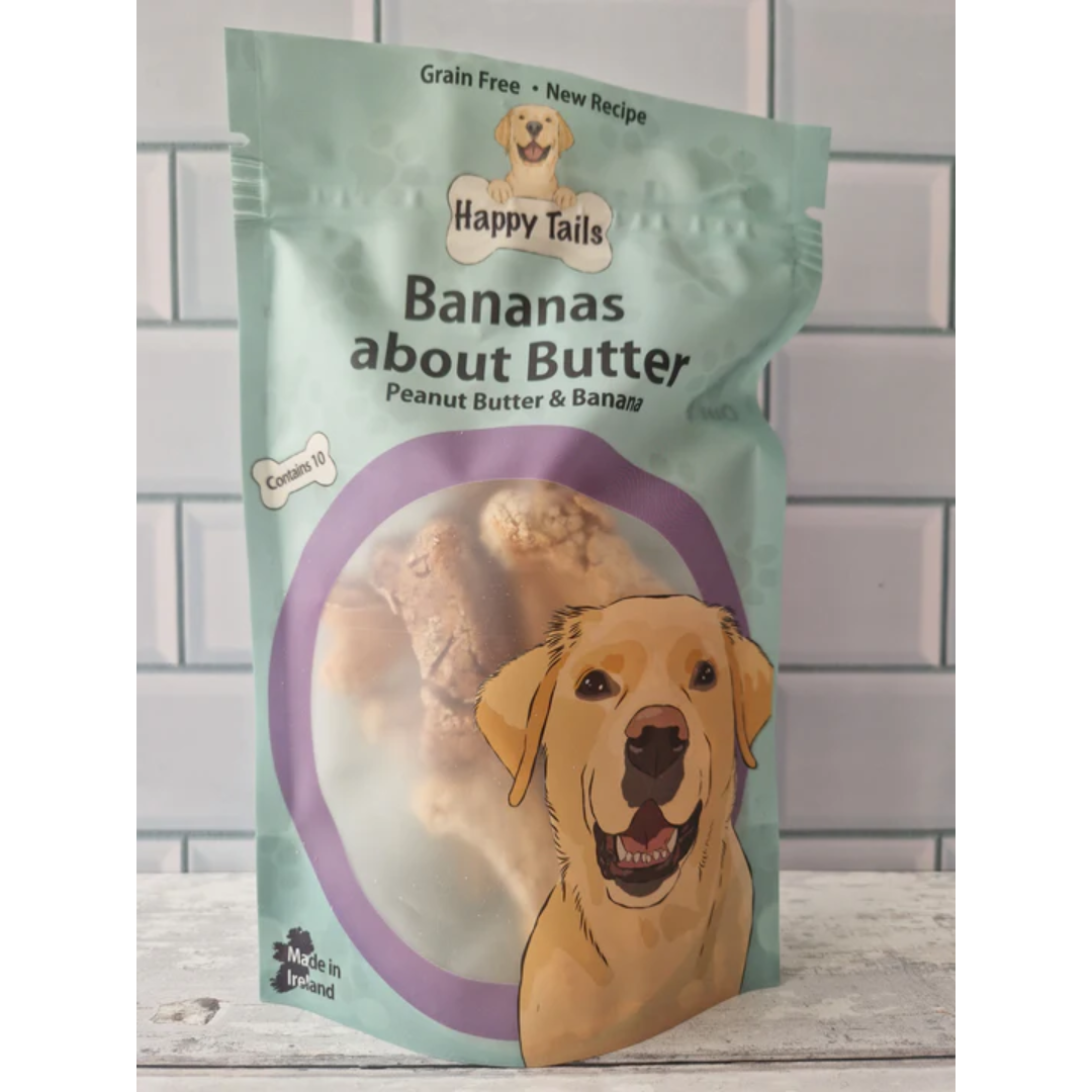 A backet of Bananas About Butter Happy Tails Barkery Dog Treats on a counter top