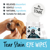 Infographic from Bugalugs website of their Tear Stain Remover. The benefits are listed on the photo and an image with the product being used on a dog.