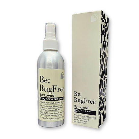 Bottle and cardboard box of Be: BugFree Flea, Tick and Bug Spray for Pets