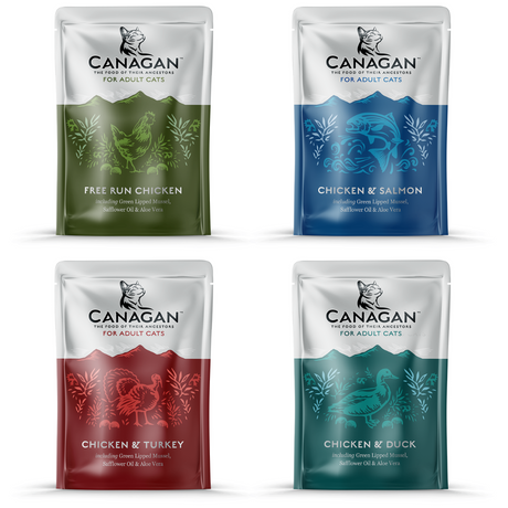 Each flavour of the multipack including: Free Run Chicken, Chicken & Salmon, Chicken & Turkey, and Chicken& Duck.