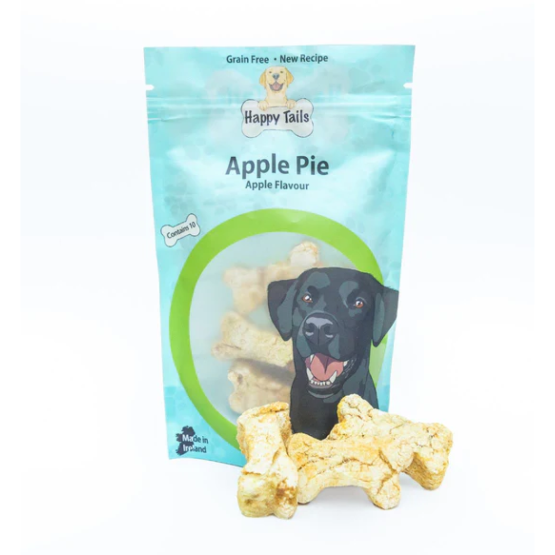 Happy Tails Barkery Apple Pie Dog Treats, loose biscuits and a full packet.