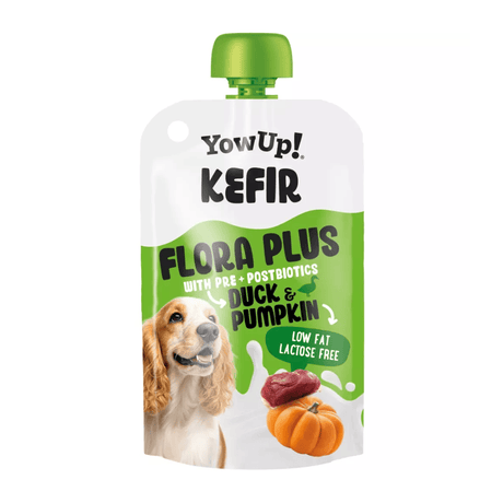A stand-up pouch of YowUp! Kefir dog food, specifically Flora Plus Duck & Pumpkin flavor. The packaging is white and green with a bright green cap, featuring a picture of a brown and white dog on the front.
