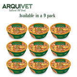 Nine containers of Arquivet natural pet food with a white background. Stating that they are available in a 9 pack