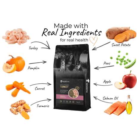 Bag of Barkin Bistro Turkey Cold Pressed Dog Food surrounded by ingredients