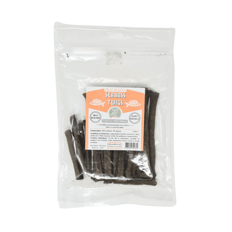 A bag of Seabass Twigs, labelled and on a white background