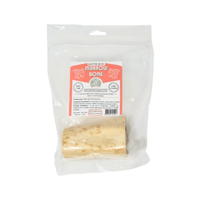 Beef marrow bone, bagged and labelled on a white background