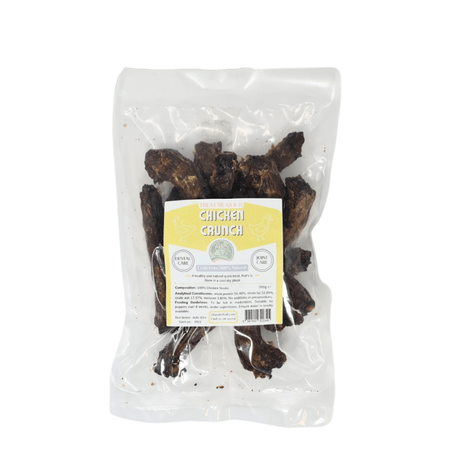 Packaged chicken crunch treats with a label on a white background