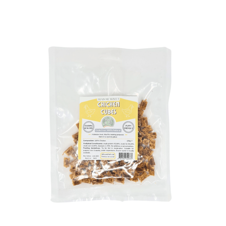 Package of chicken cubes with a label on a white background