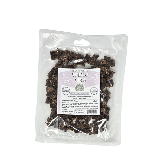Packaged Venison cubes dog treats with label on a white background