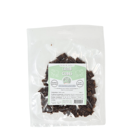 Packaged lamb cubes with a label on a white background