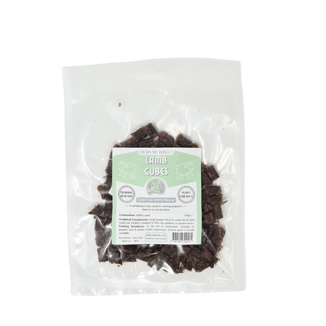 Packaged lamb cubes with a label on a white background