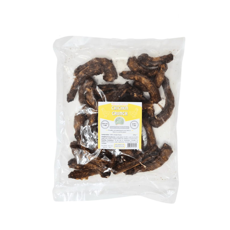 500g bag of dried chicken necks with a label on a white background