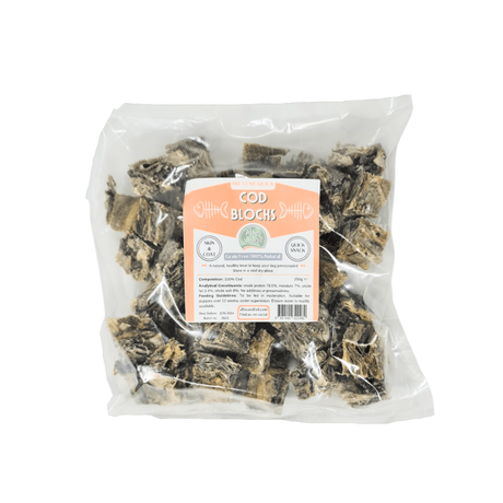 Packaged cod blocks with a label on a white background