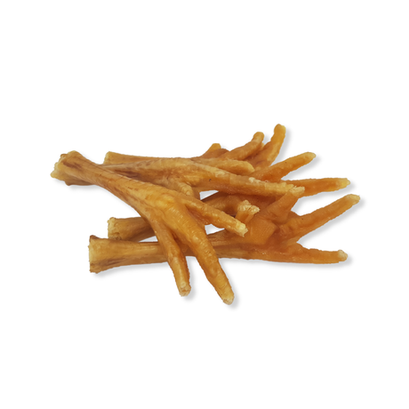 Dog chew treat- dried chicken feet- on a white background