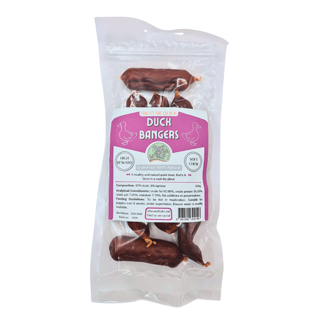 A package of Duck Bangers dog treats in a clear plastic bag with a pink and white label, shown against a plain white background.