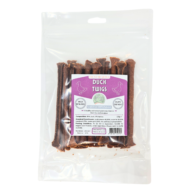 Packaged duck twigs with a purple label on a white background