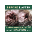 Before and after comparison of a dog's ear with text describing product benefits.