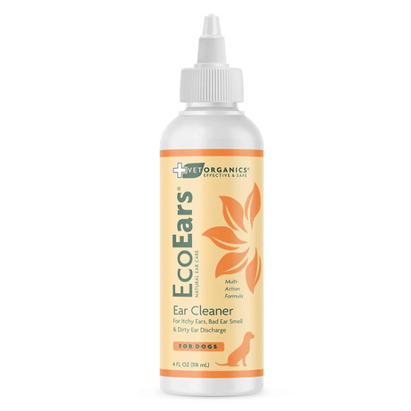 Bottle of EcoEars ear cleaner for dogs on a white background