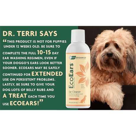 EcoEars dog ear cleaner bottle with a dog and text about product use and vet recommendations. 